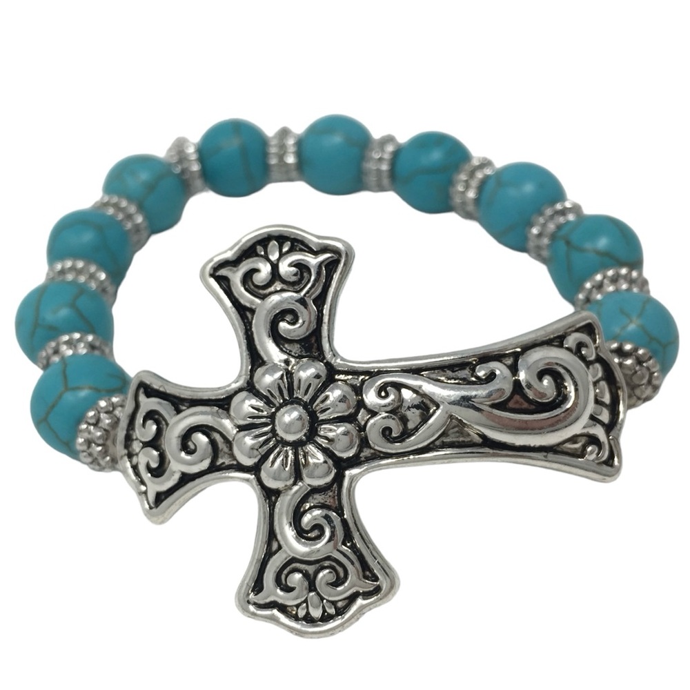 Sideways Cross Turquoise Beaded Christian Silver Tone Stretch Bracelet